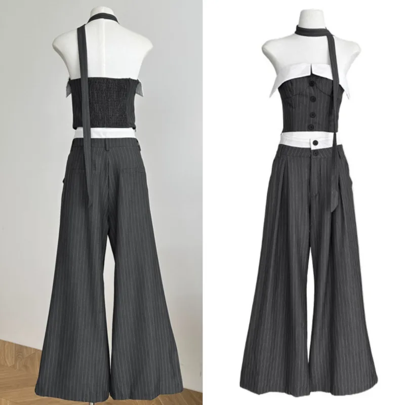 

Color Blocking Patchwork One Shoulder Strapless Top Vest Suit 2-piece Set Spring Summer Korean Loose Top Wide Leg Pants Women