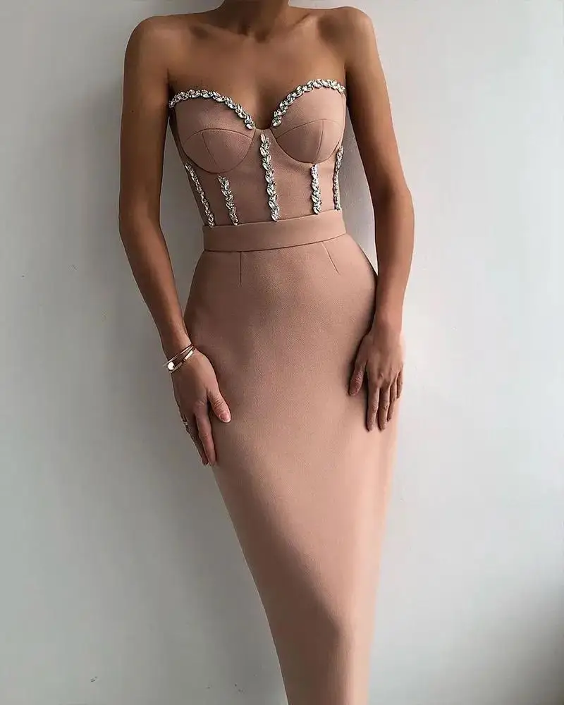 Fashion Evening Dresses For Women Sweetheart Neck Strapless Gown Crystal Sleeveless Long Dress In Stock