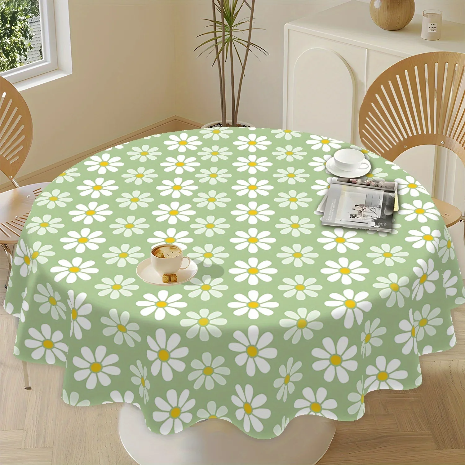 One simple style daisy-pattern tablecloth, 62-inch round, 100% polyester fiber, machine washablexzj