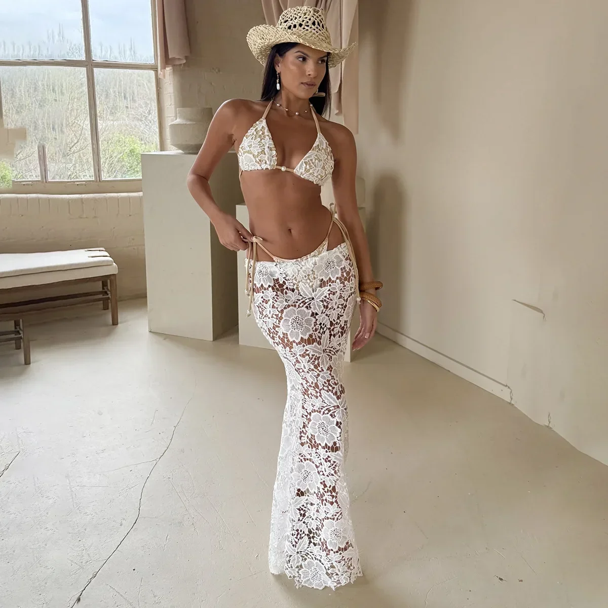 

CPSYMYM White Lace Beach Skirt Set for Women Fashion Bikini Set and Maxi Skirt Outfits Summer Sexy See Through Holiday 3pcs Set