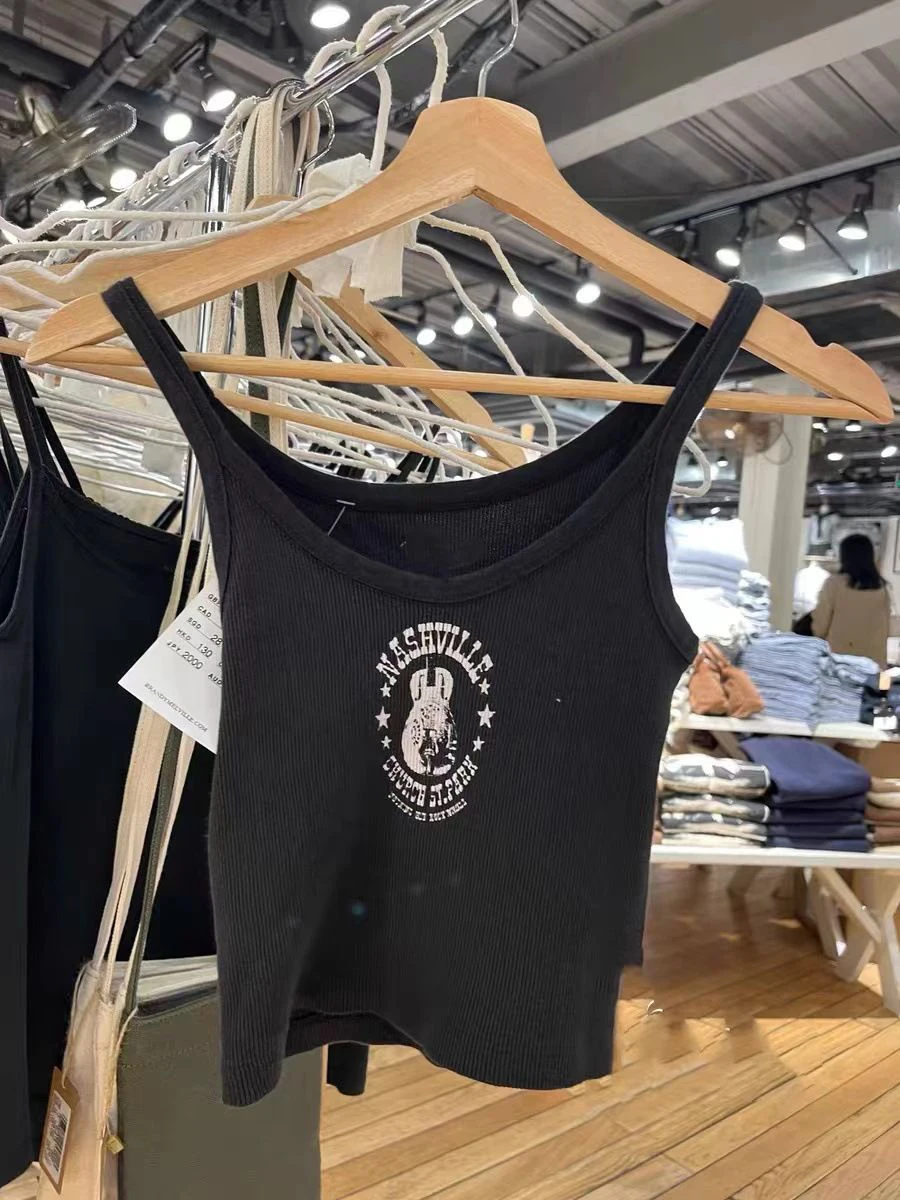 

Guitar Letter Print Slim Crop Top for Women Summer Casual Sexy Sleeveless Slim Retro T Shirt Fashion Y2k Vintage Punk Black Tops