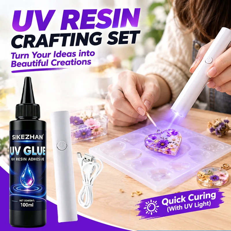 UV Resin Glue and Ultraviolet Light Flashlight Kit Fast Curing Crystal Clear Hard Type Glue for DIY Crafts Making 100ml