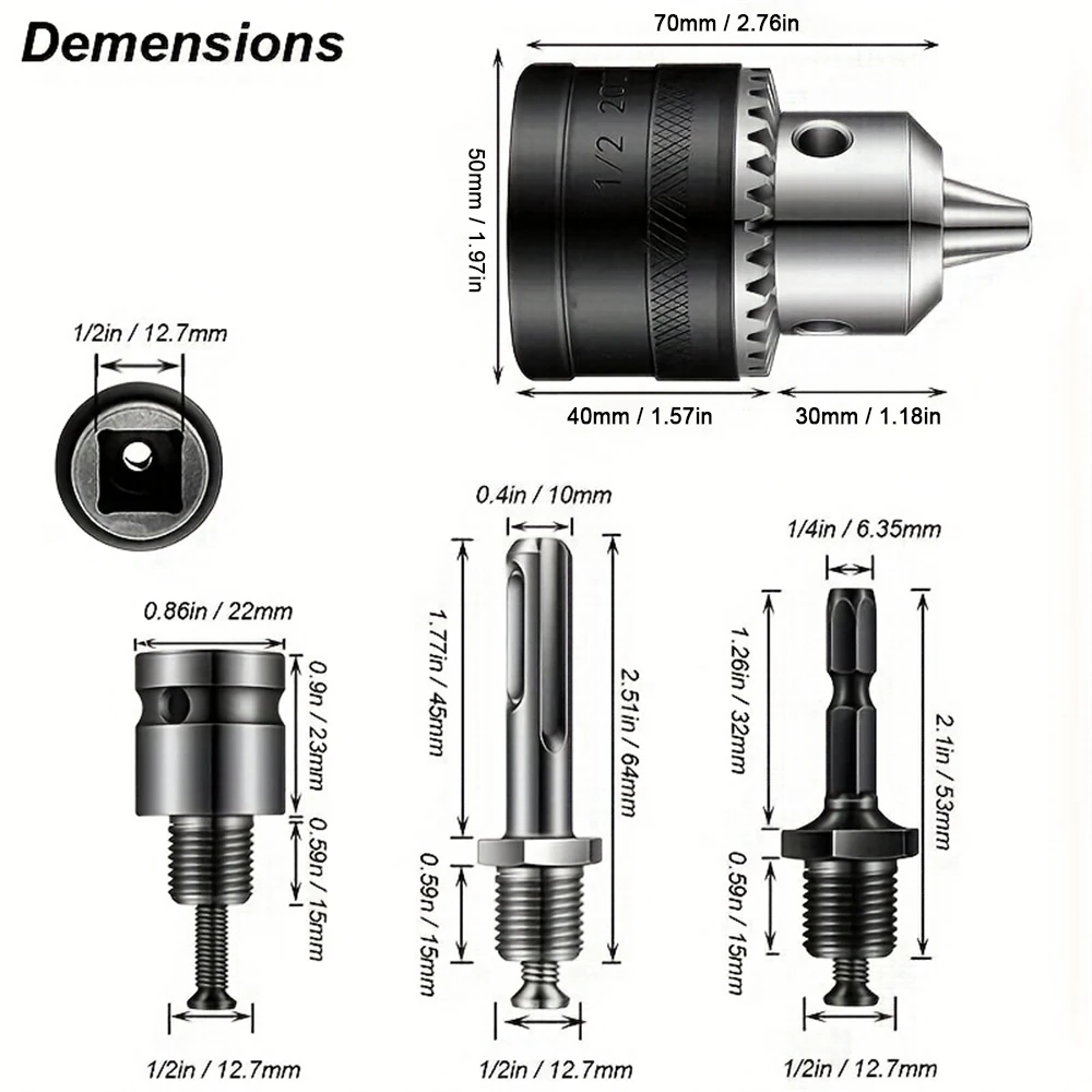 3.0-16mm Drill Chuck,1/2-20UNF Mount Impact Driver Bits Chuck Conversion Hex Shank/SDS-Plus Socket Square Adapter with Chuck Key