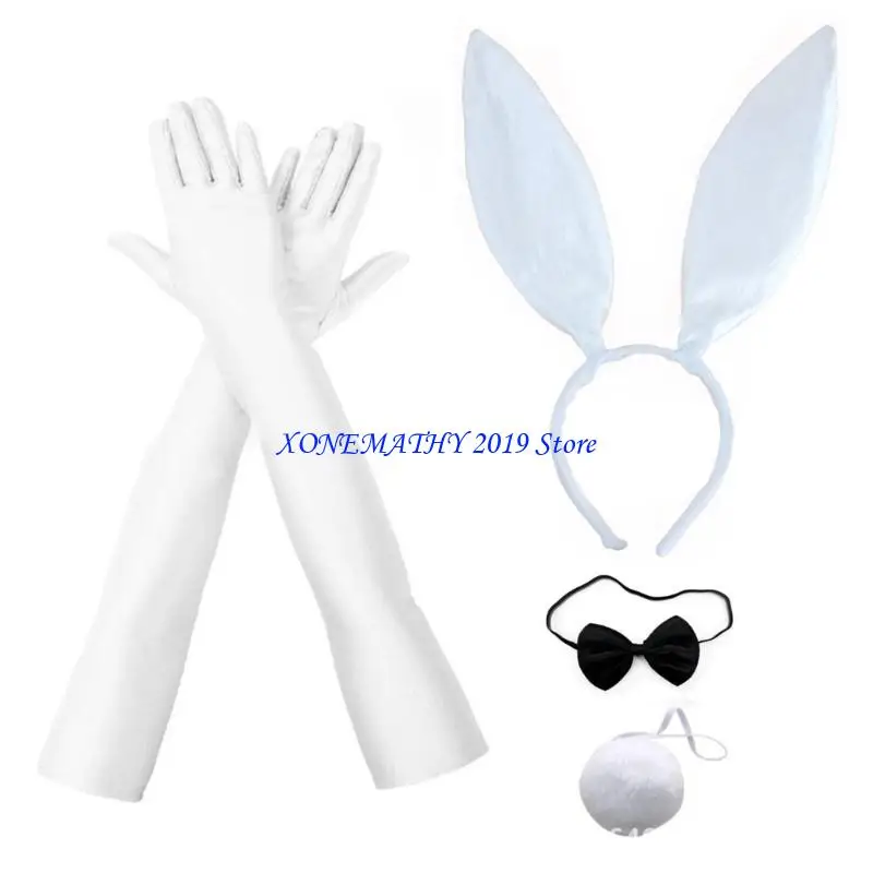 

F42F Sexy Rabbit Ears Headband Costume Set Cosplay Party Gloves Tie Nightclub Headwear