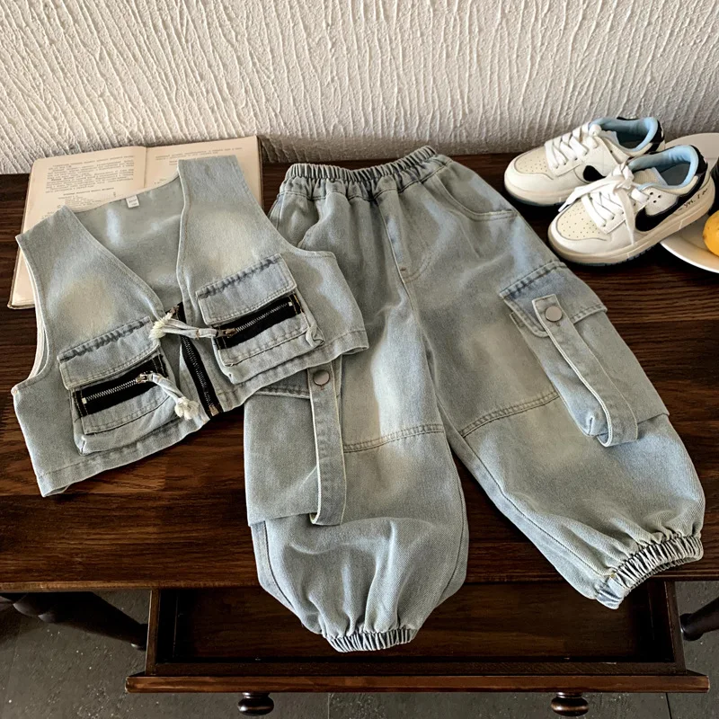 Boys Set 2026 Autumn Spring Korean Style Fashion T-shirt Trendy Blue Solid Color Denim Vest Work Pants Three Piece Sset