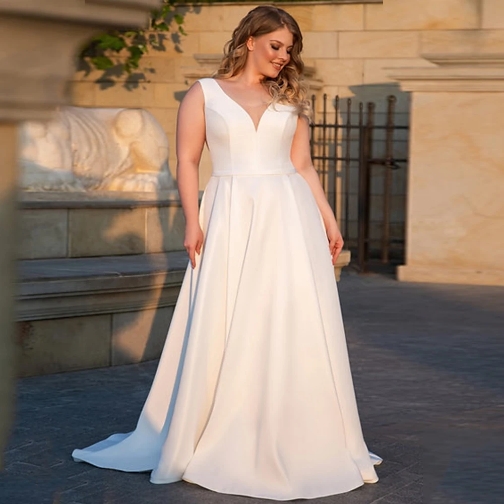 

Elegant Women Plus Size Satin Wedding Dress 2026 Customized Vestido De Novia Minimalist Sleeveless V-Neck A-Line Bridal Gowns
