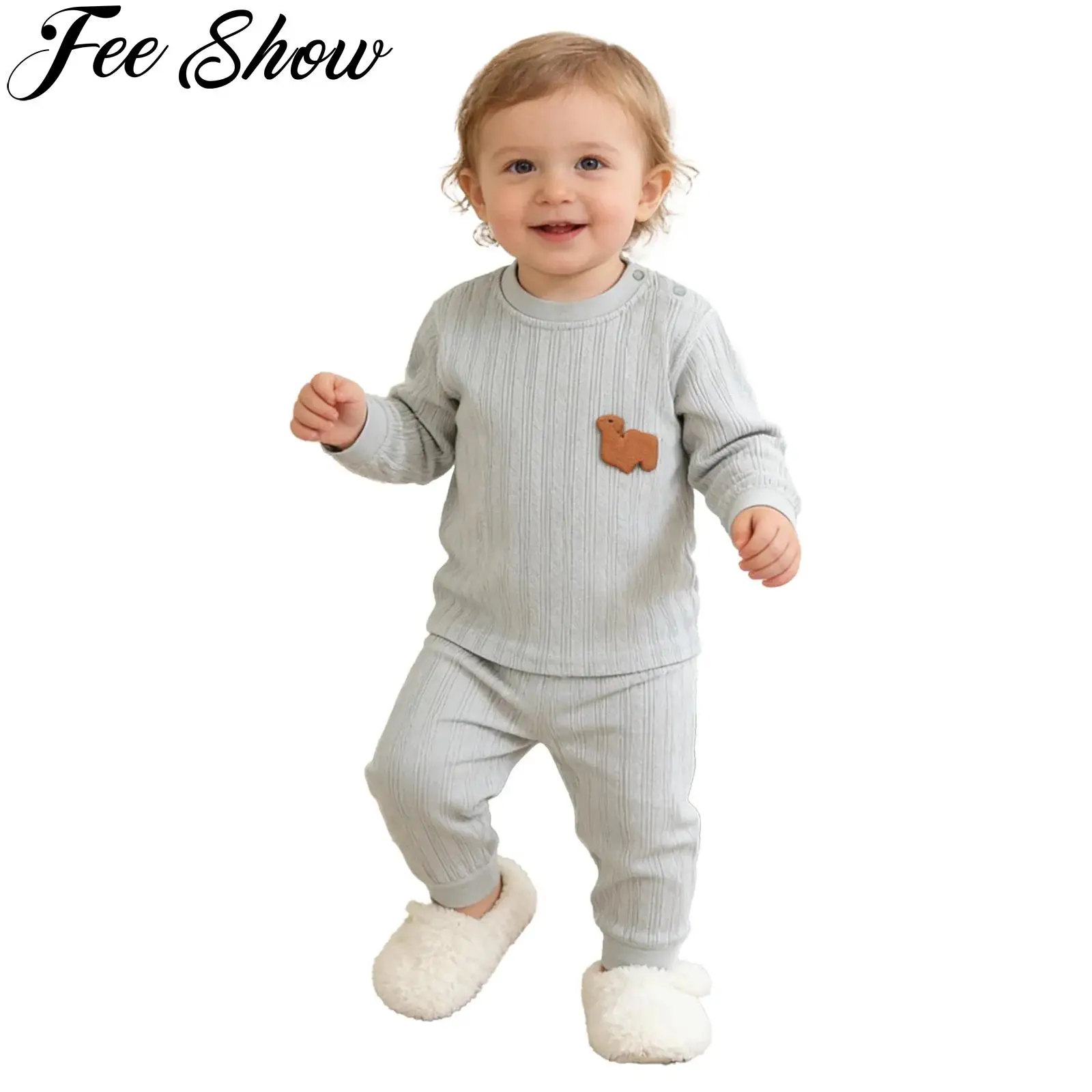 Baby Boy Girl Clothes Pajama Set Jacquard Ribbed Thermal Underwear Homewear Sleepwear Spring Autumn Long Sleeve Top with Pants