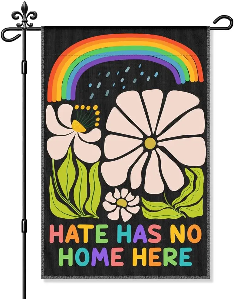 Hate Has No Home Here Garden Flag, Funny Retro Floral Yard Flags for Outside, Rainbow LGBTQ Support Pride Month Human Right  SSL