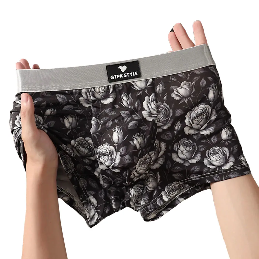 ملابس داخلية بوكسر للرجال بطبعة وردية مع قماش مسامي بتصميم كلاسيكي مسطح للزاوية مناسبة بشكل مريح