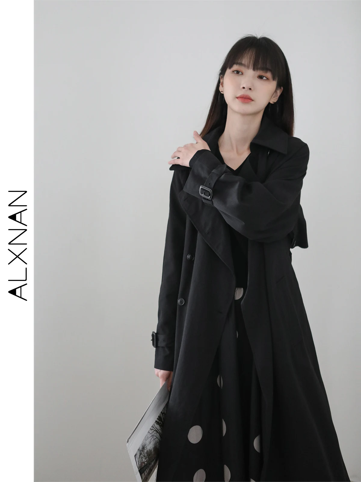 

Swan Southern Faionable Bla Midi Length Women's Coat from Girl Autumn Winter New Sle Elegance Outerwear Coat