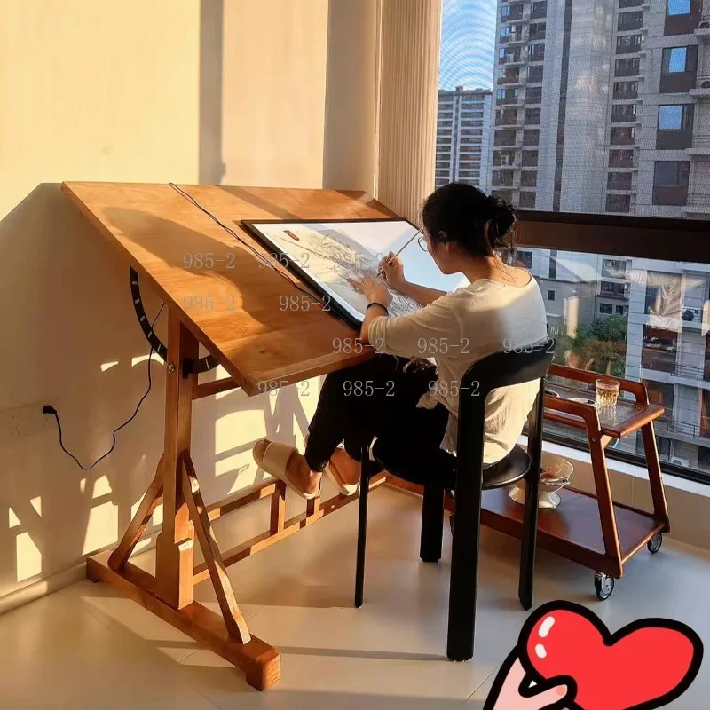 Adjustable Solid Wood Drafting Table, Art Designer Workbench for Studio Sketching Painting Creative Projects