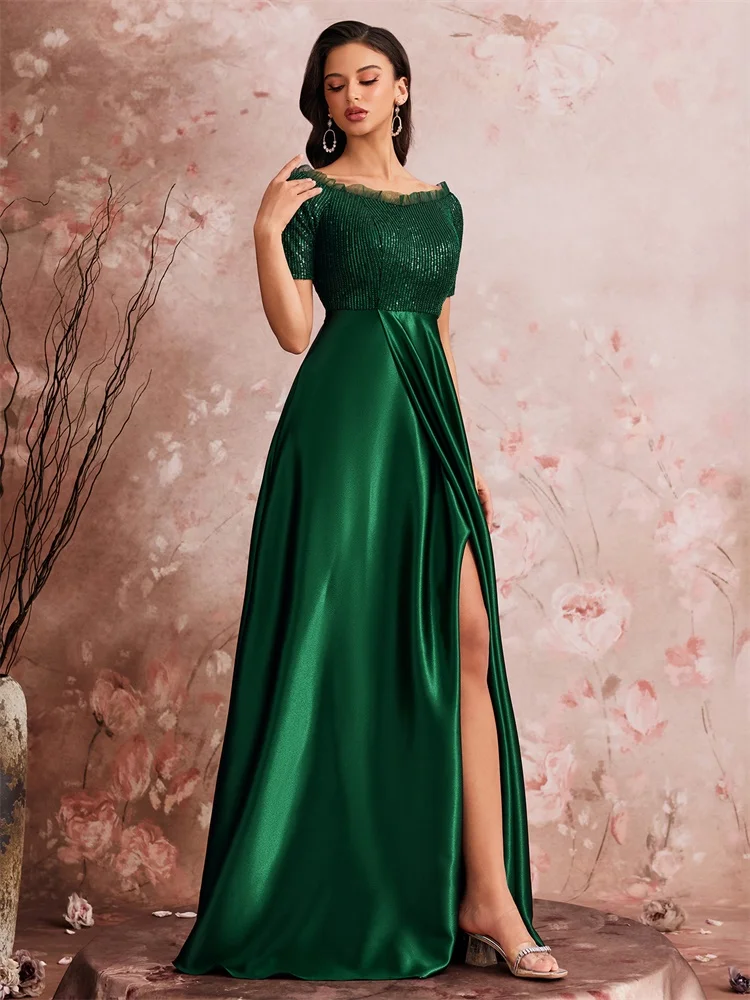 Vestido de noche con hombros descubiertos y lentejuelas verdes de lujo para mujer, vestido de satén para fiesta de boda, graduación hasta el suelo, cóctel y graduación, 2025