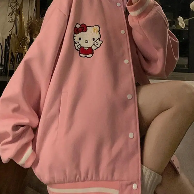 Couple Cute Cardigan Baseball Uniform Coat Anime Cartoon Hellokitty Street Retro Style Students Leisure Hip Hop Jacket Oversize