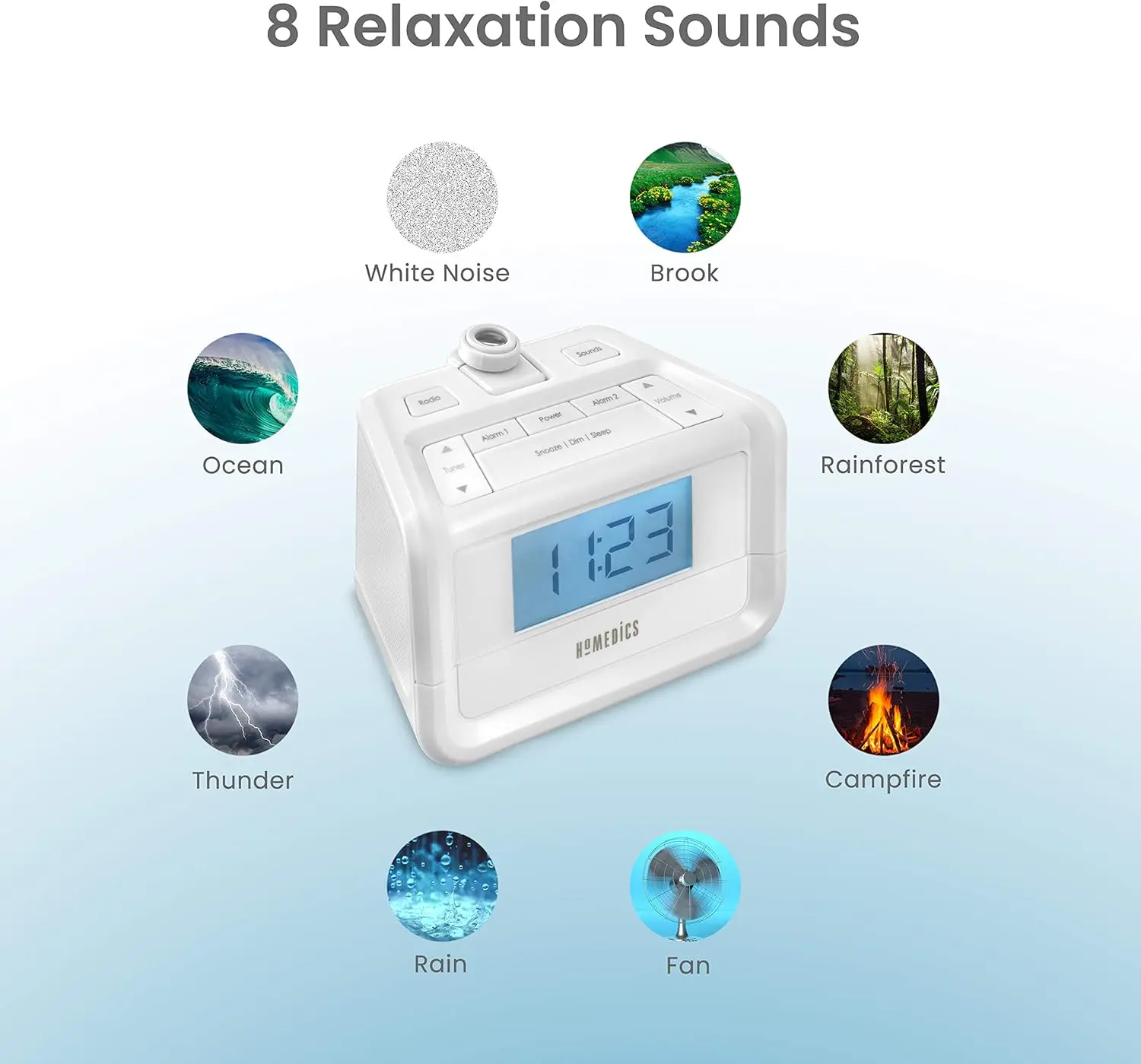 Dual Alarm FM Clock Radio with Time Projection, 8 Nature Sounds, Sleep Timer, Nightlight