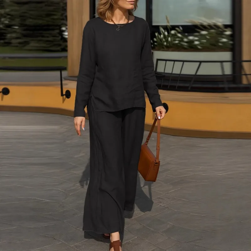 여성용 가을 라운드 넥 솔리드 컬러 루즈 티셔츠 캐주얼 팬츠 세트