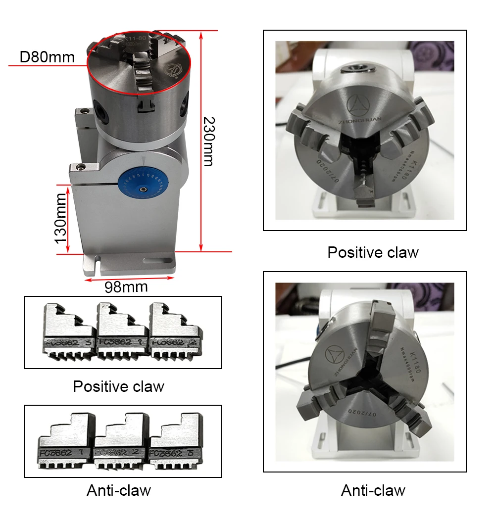DGHUNST Rotationsaufsatz D80 mit 3-Klauen-Futter, optional mit DM5042 Treiber für UV-CO2-Faserlaser-Markiermaschinen – Detail 8
