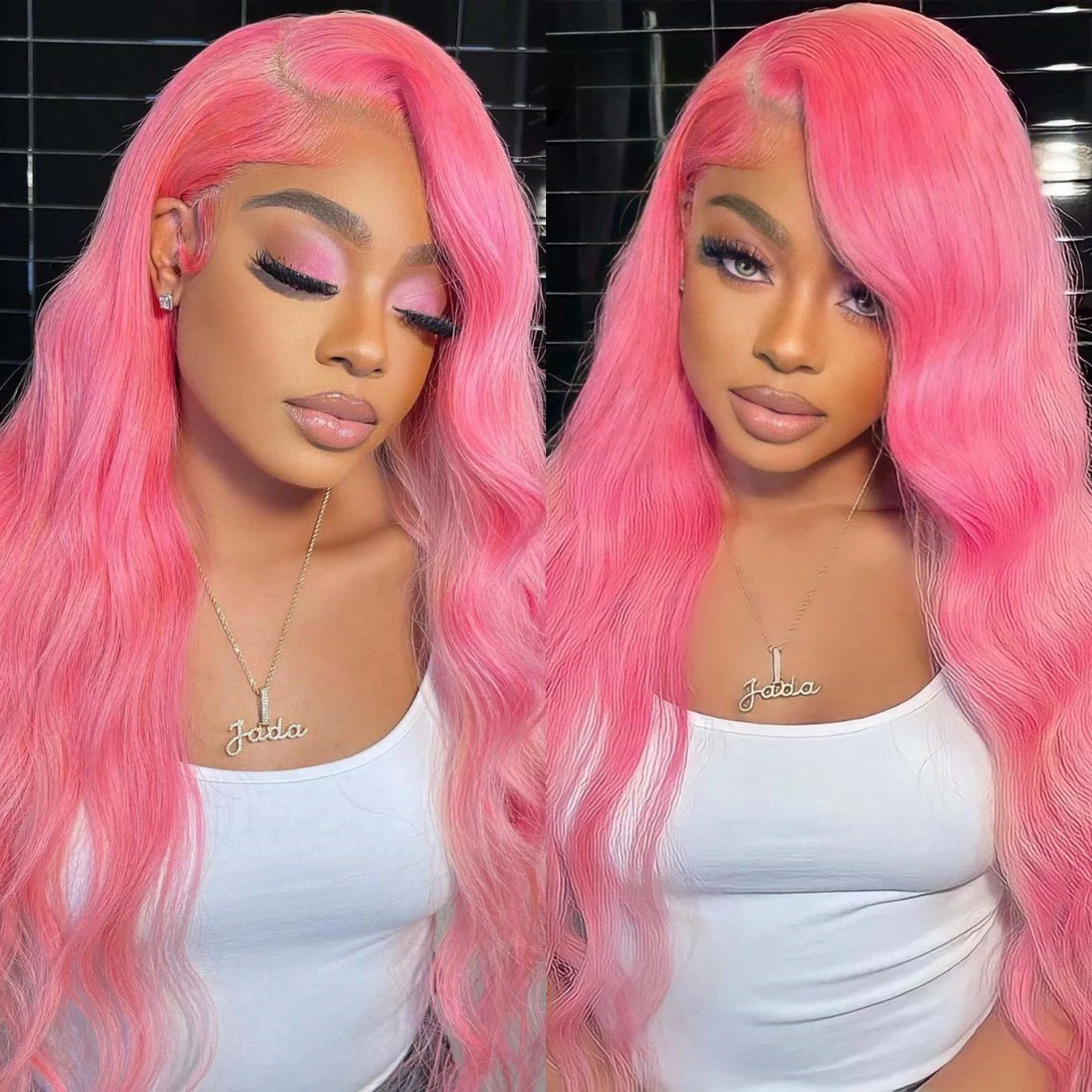 Long Pink Wavy Wigs for Women Synthetic Lace Front Wig Middle Part 13x4 Body Wave Curly Frontal Wig for Daily Party Cosplay