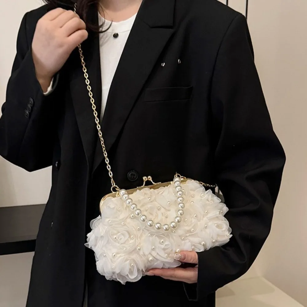 ローズフラワーイブニングバンケットバッグメタルチェーンパールパールチェーンハンドバッグエレガントな小さなクラッチハンドバッグクロスボディショルダーバッグ