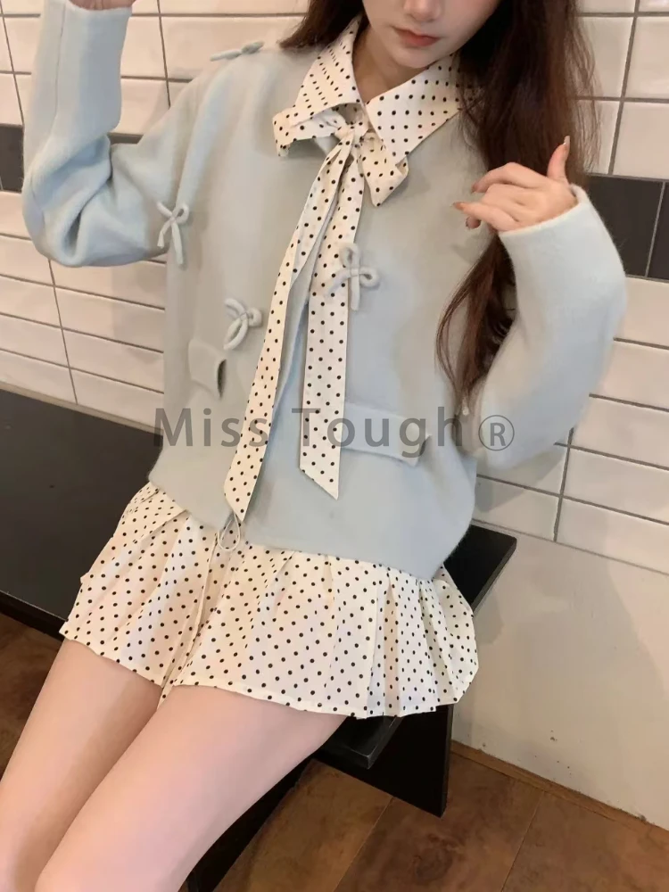 Autumn Winter Korean Fashion Loose 3-piece Set Women Sweet Chic Bow Long Sleeve Coat Polka Dot Shirt + Ruffle Lace Up Skirt Suit