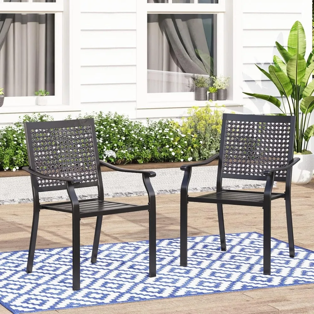 2 Piece Black Patio Dining Chairs,Stackable Outdoor Metal Mesh Chairs with Armest for Garden, Poolside, Backyard, Bistro, Suppo