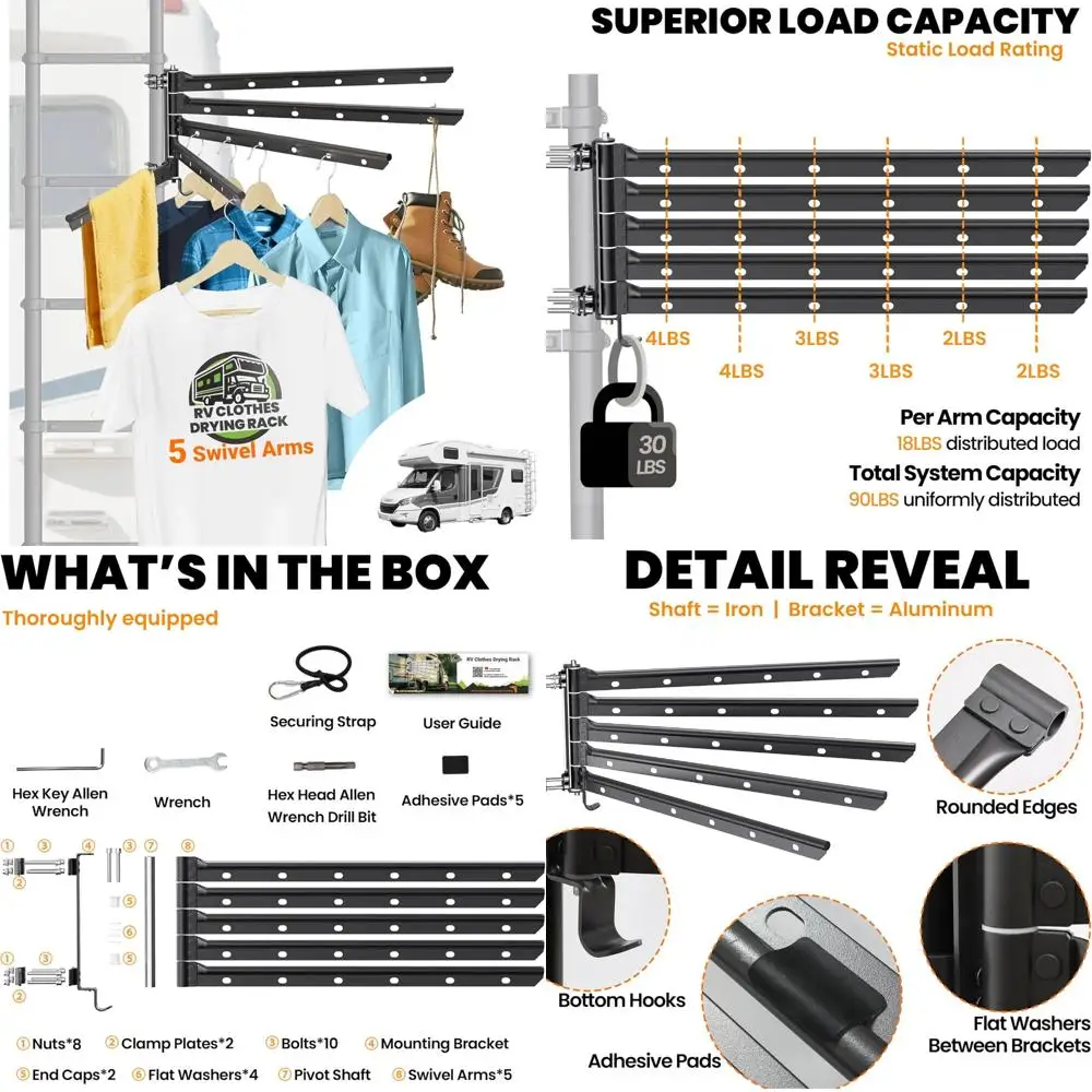 

Металлическая сушилка для одежды с креплением на лестницу с 5 поворотными рычагами, ширина 26,5, складная, вместимость 90 фунтов, цельнометаллический дизайн для использования на колесах