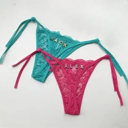 Personalized Customized Thongs Crystal Letter Name Sexy Women's Lace Panties Lumbar Adjustment G-String Low Waisted Underwear
