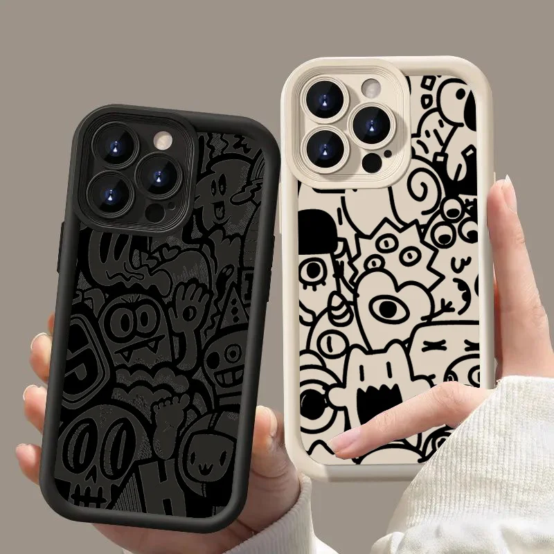 Black Graffiti Phone Case For iPhone 17 16 Pro Max 15 14 13 Pro Max 12 11 Pro Max Plus Air XS X XR 16E 7 8 SE2 Camera Soft Cover