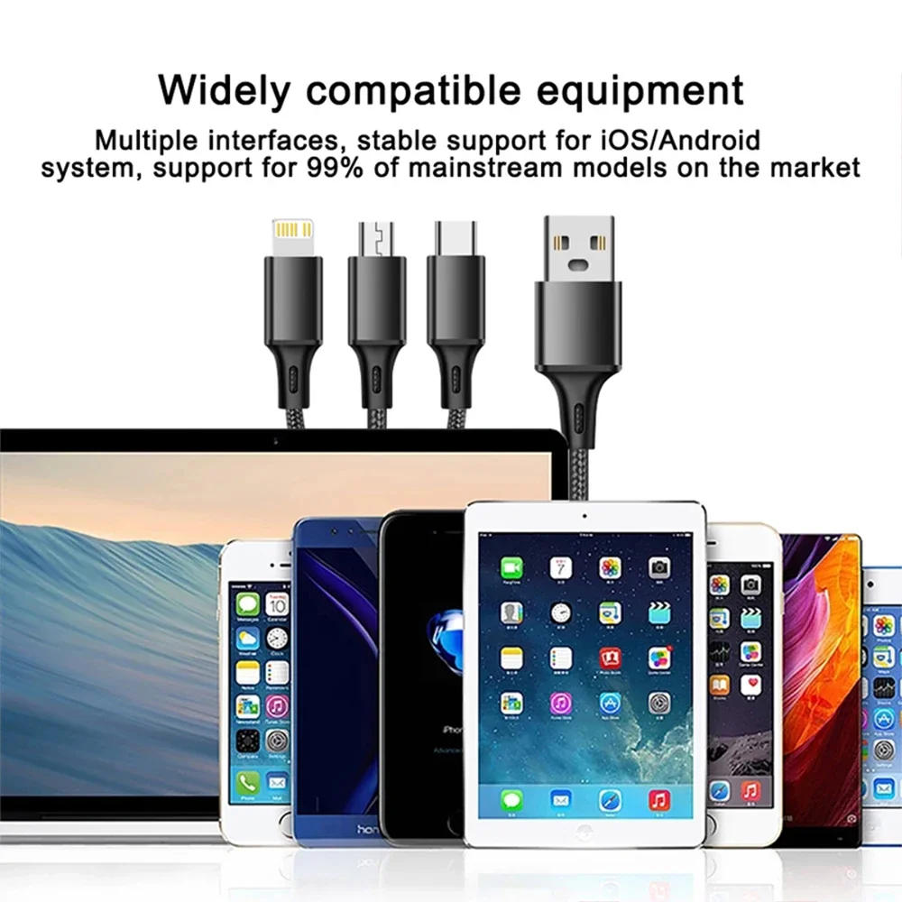 3 In 1 USB Charger Fast Charging Cable Type C Micro LIGHTNING Multi Charger Cable for iPhone Huawei Samsung Nylon Braided Cord view 4