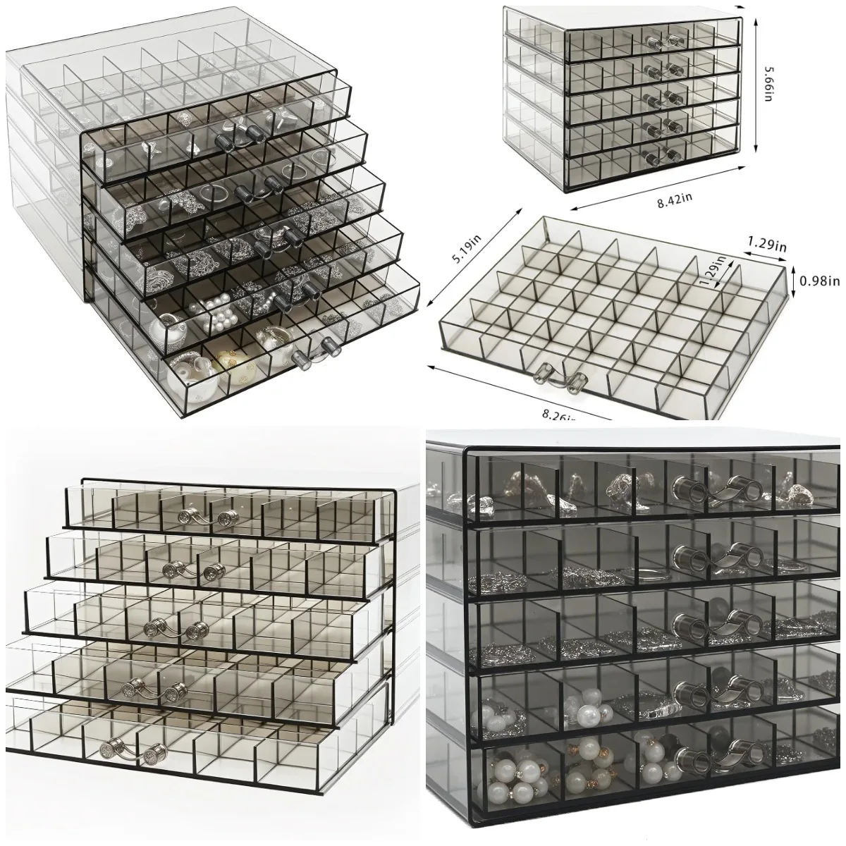 

Clear Grey Acrylic 5-Drawer Jewelry Organizer with 120 Grid Storage for Earrings, Rings, Bracelets