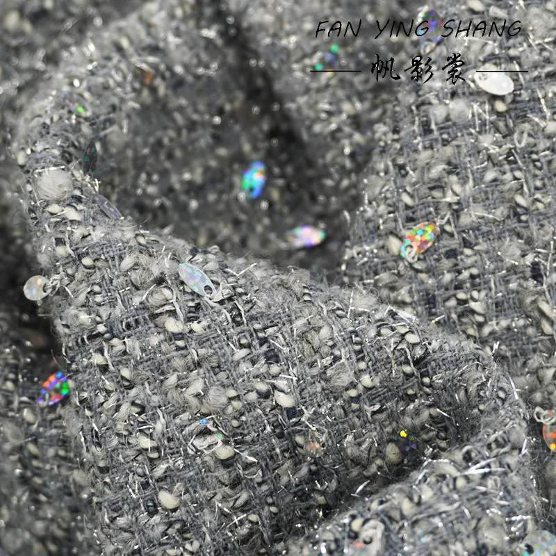 2025 Fashion Gray Sequins Wool Tweed Fabric For Coat Telas Costura Tissus Couture ткань Sewing Stoffe Tecido Cloth Shine