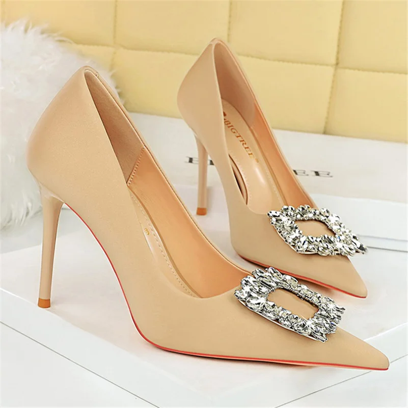 Women 10cm High Heels Satin Silk Dress Bling Crystal Rhinestone Buckle Pumps Lady Wedding Bridal Scarpin Purple Peach Blue Shoes