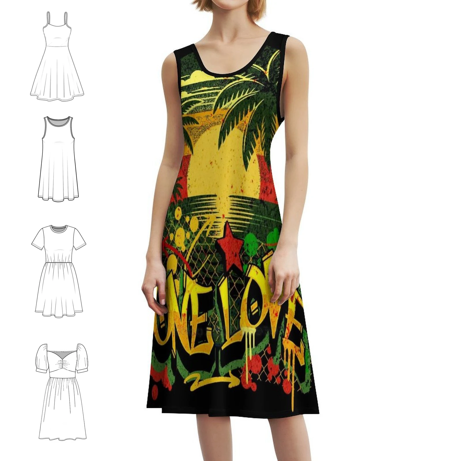 

Винтажное богемное платье One Love с ямайским закатом и пышными рукавами или вариантами без рукавов для женщин, платье Rasta Rastafarian Jamaica