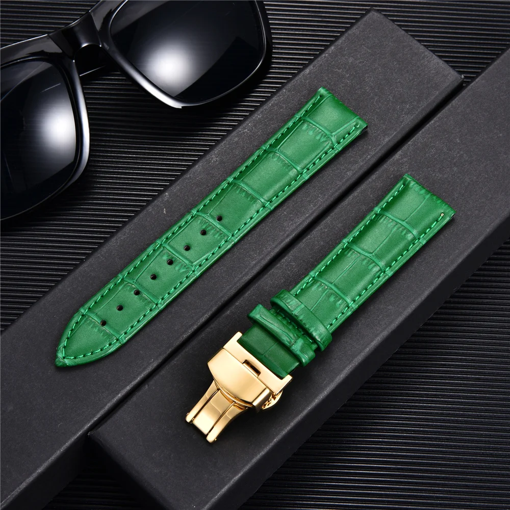 Bamboo Pattern Genuine Leather Watch Strap Cowhide Watchband 18mm 20mm 22mm 24mm With Steel Butterfly Buckle Wristwatch Straps