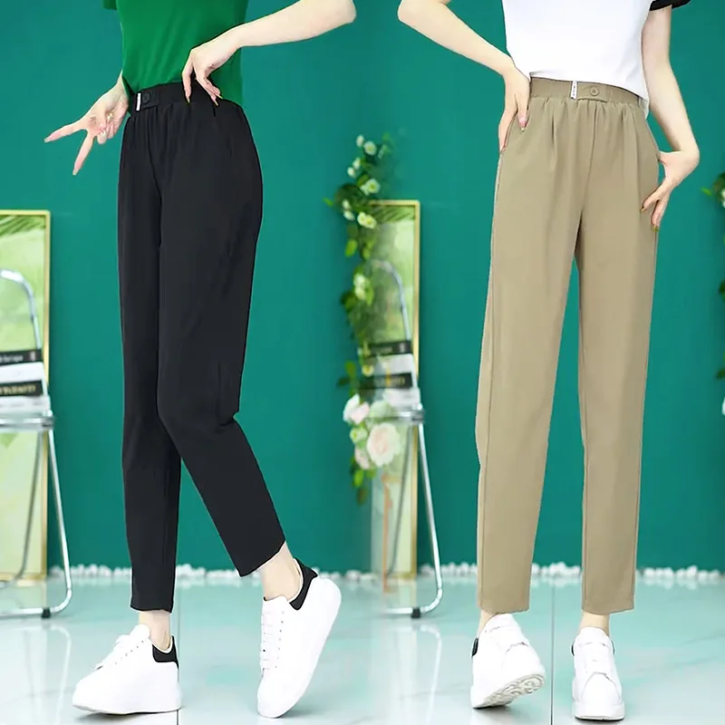 

High Waist Slimming Stretch Casual Pants Loose Sports Baggy Pants Fashion Thin Ice Silk Harem Pants for Women