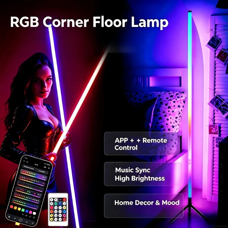 LED Corner Floor Lamp Vertical, APP Remote Control Music Sync, Color Changing Ambient for Living Room Bedroom Home Office Decor