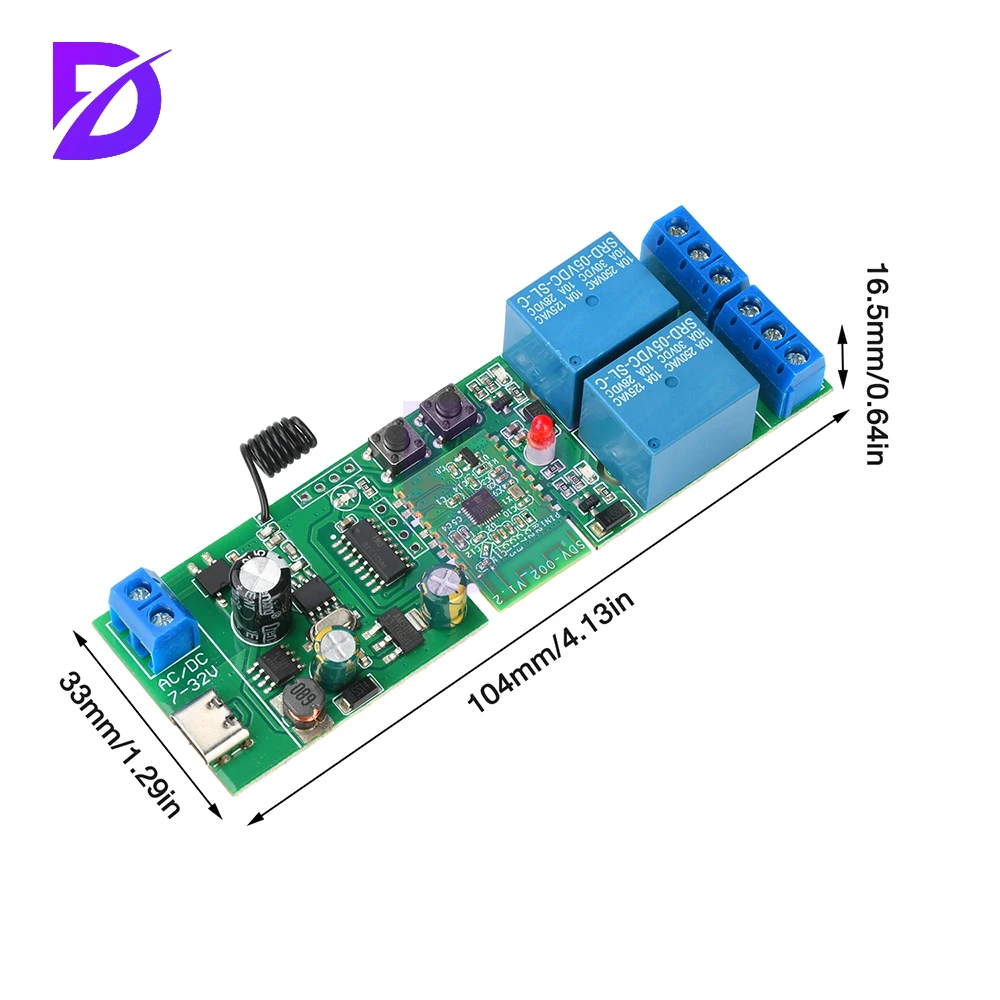 AC/DC 7-32V/tipo-c 5V 2-CH BT WIFI módulo de interruptor de relé versión Rf módulo de bloqueo Jog admite Control remoto Rf de 433Mhz