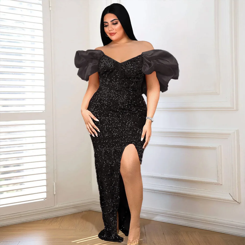 Plus Size Sequin Party Dress Female Puff Sleeve Luxury Dinner Prom Lady Evening Long Robe 2023 Autumn Elegant Pretty Women Dress