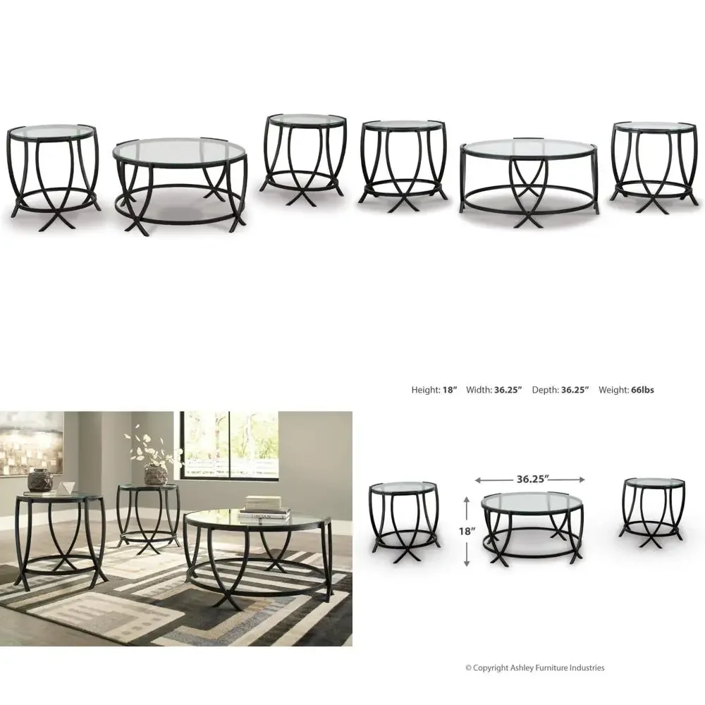 Contemporary Glass Top 3-Piece Round Table Set with Coffee and 2 End Tables, Black