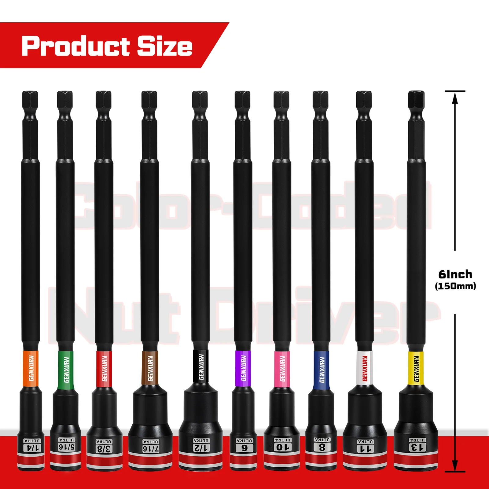 ชุดไดร์เวอร์ Geinxurn Impact Nut, ยาว 6 นิ้ว 8/10/13 มม. ชุดเซ็ตน็อตเมตริก 6 จุดโลหะผสม Stee พร้อมกล่องเก็บแบบพกพา