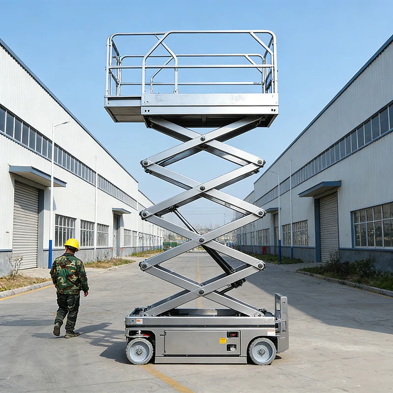 8m Electric Scissor Lift Mobile Aerial Work Platform with Folding Guardrail and Emergency Lower Valve