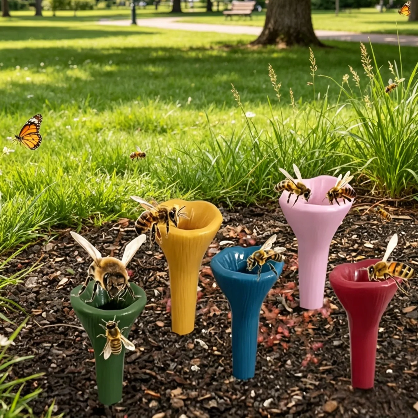 Flower Shape Bee Drinking Fountain Resin Bee Water Feeder Insect Drinking Cup with Nursery Cup Holder Beekeeping Garden Supply