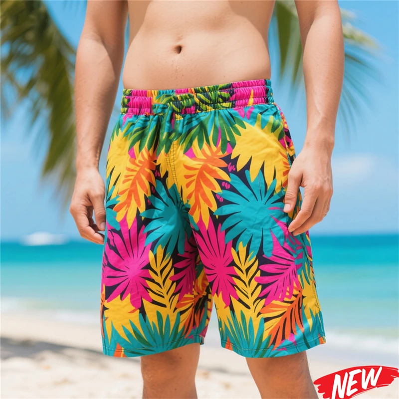 

Мужские пляжные шорты с 3D-принтом «Гавайские растения и цветы», быстросохнущие, повседневные, для отпуска