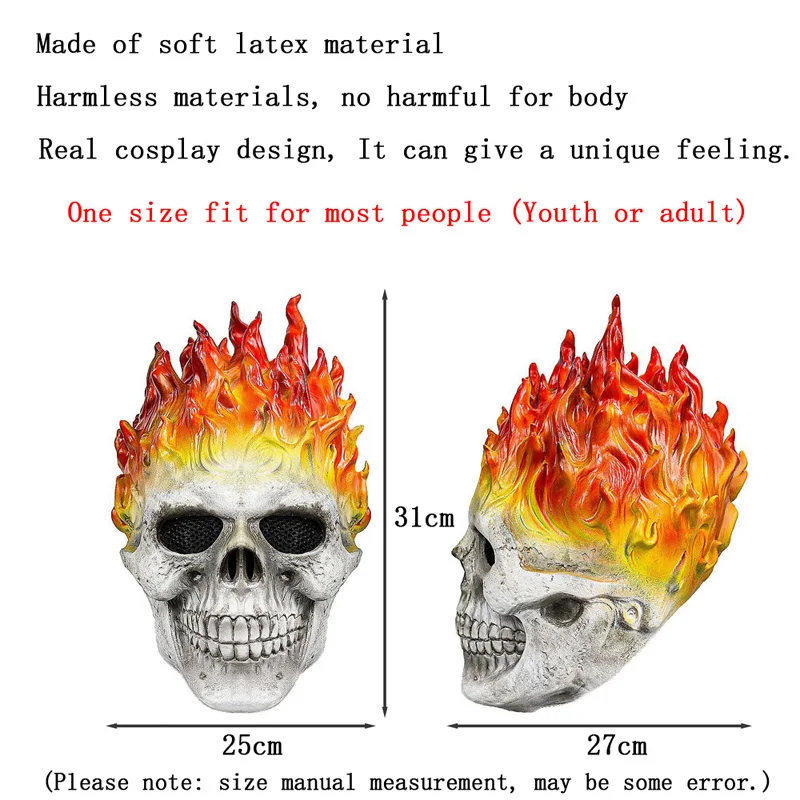 Unique Cosplay Flame Skeleton Creepy Scary Head Bone Horrible Skull Halloween Mask Full Face Helmet Carnival Party Costume Props