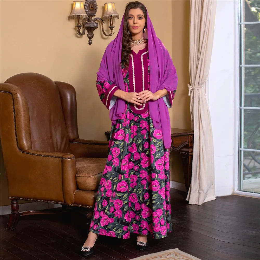 

2024 Ramadan Muslim Dress Women Eid Floral Print Abaya Dubai Arabic Vestidos Moroccon Kaftan Islamic Clothing Gown Robe Djellaba