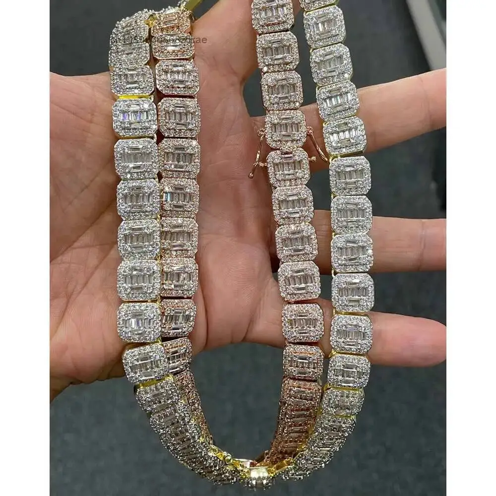Luxury Fully Iced Out Baguette Round Cut Vvs Moissanite Diamond Cluster Tennis Chain 925 Silver Round Baguette Rectangle Link Ne