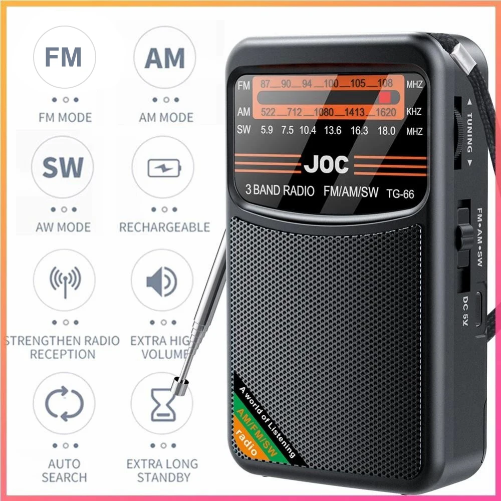راديو FM AM SW Pocket All Band راديو أفضل استقبال يعمل بالبطارية يدعم البحث التلقائي مع شاشة عرض عالية الدقة لكبار السن