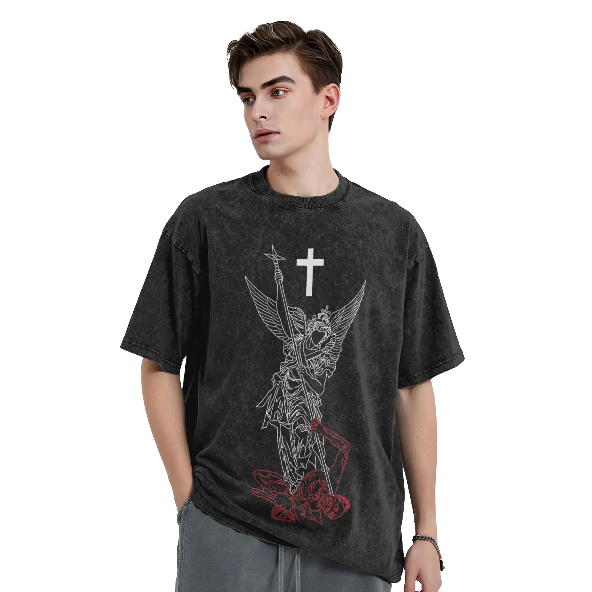 Saint Michael The Archangel Defeating Satan Warrior Faith T-Shirt  Hippie T-Shirts Short Sleeves Aesthetic Tops Cotton Clothes view 3