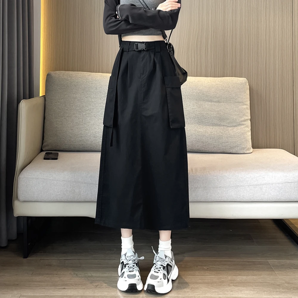 

Casual Cargo Skirt Korea Chic High Waist Lace Up Large Pocket Skirt Back Slit Multicolor Skirts Women Spring Autumn
