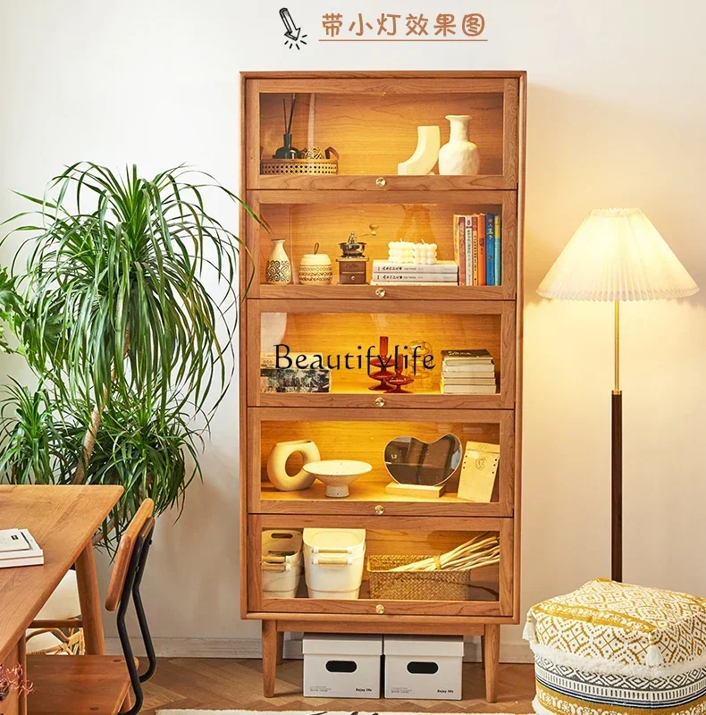 

LX Nordic Modern Minimalist Solid Wood Flip Door Glass Wine Cabinet Home Study Floor BookshelfSSS