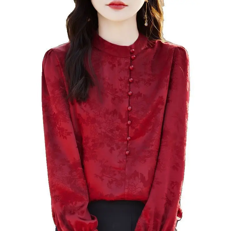 2025 primavera outono novas mulheres padrão floral imitação de seda vinho vermelho preto branco camisa superior, mulher manga cheia topos camisas